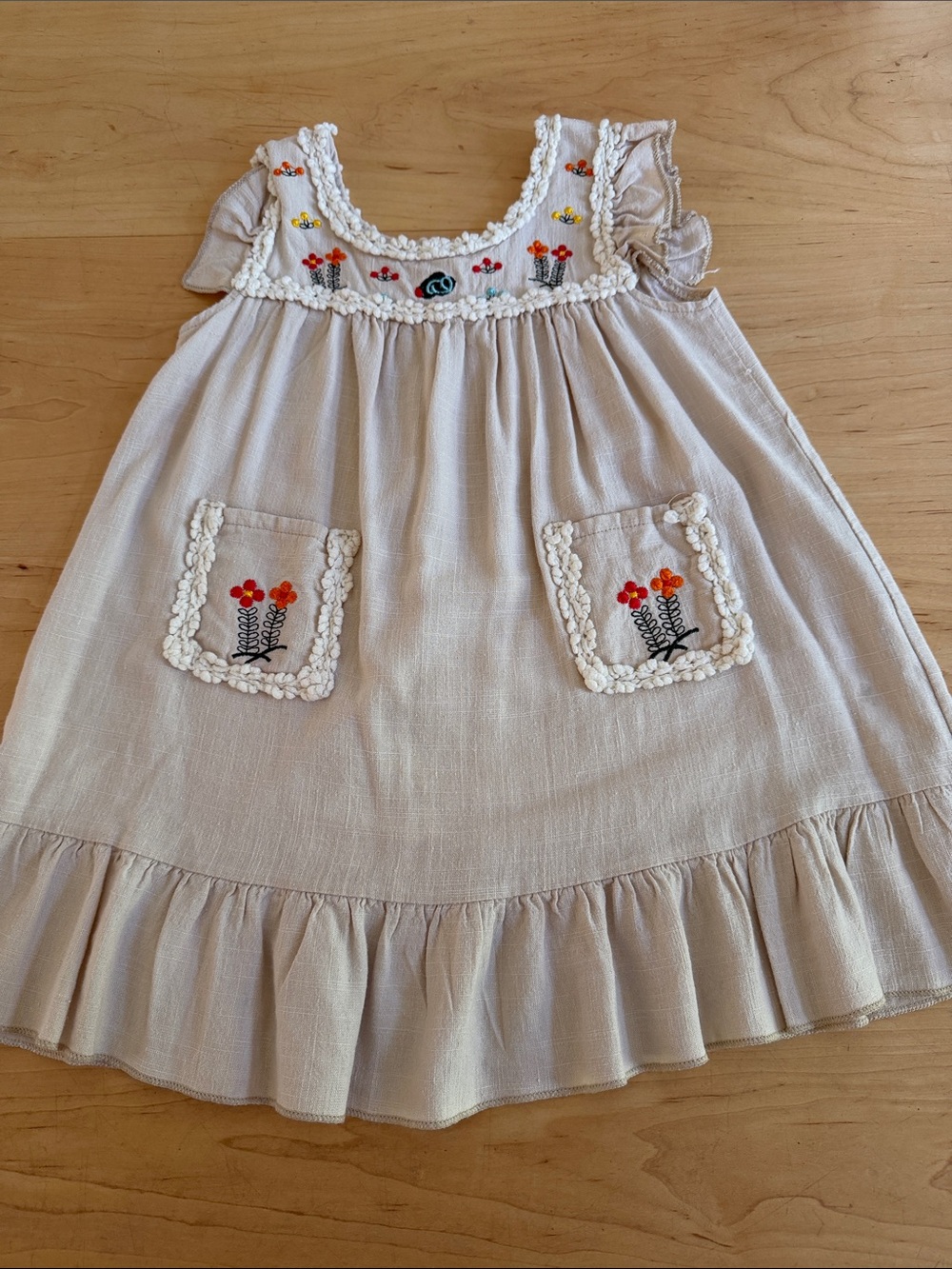 SHEIN Cream Embroidered Floral Pocket Dress